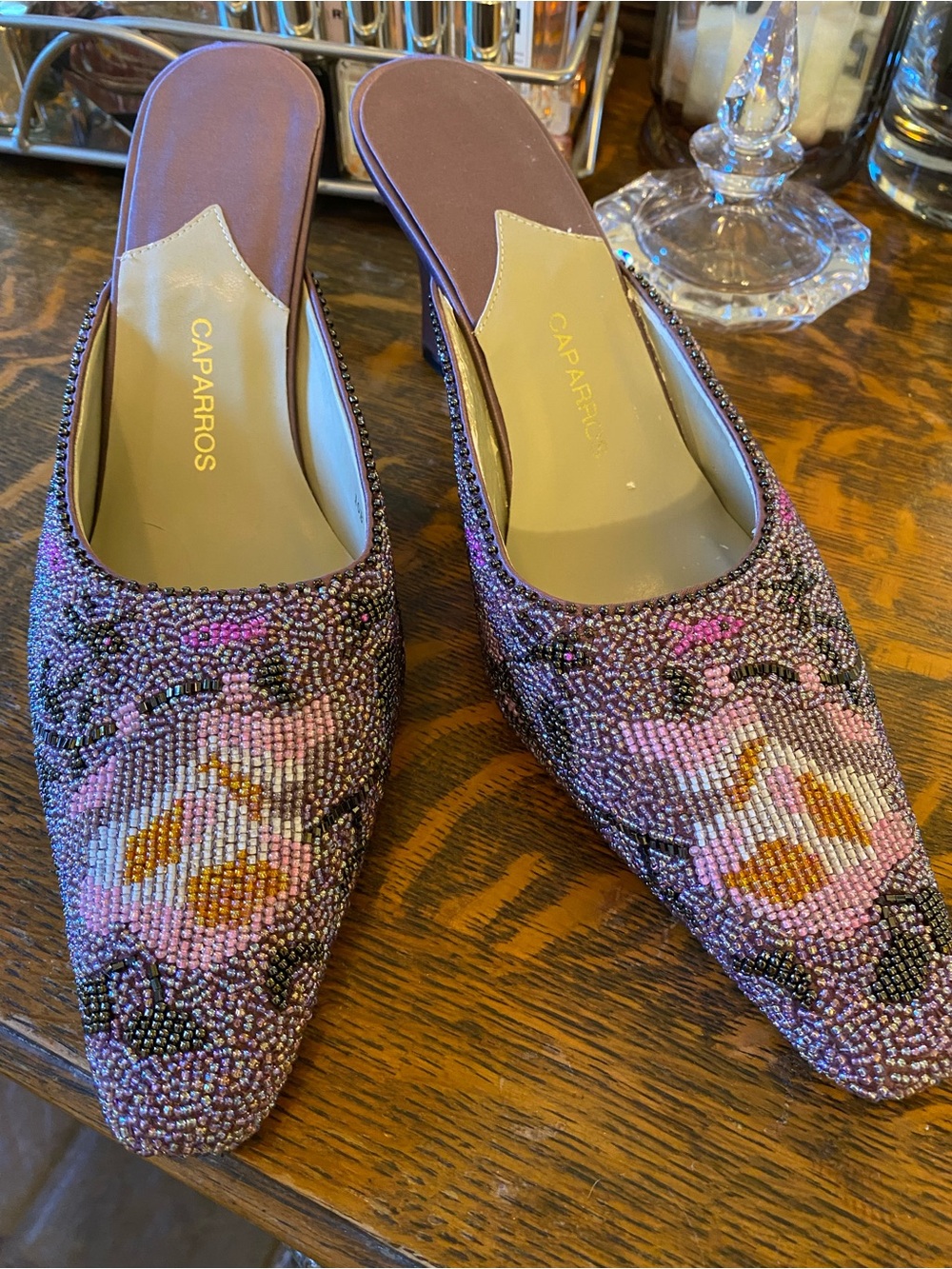 CAPARROS Stunning Lavender Beaded Floral Pointed-Toe Mules with Matching Clutch